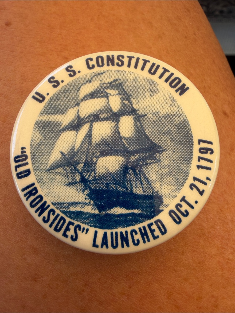 Vintage U.S.S. Constitution Commemorative Pin - Blue on Cream